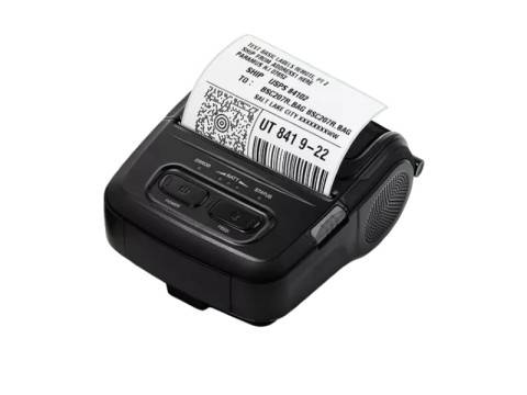 Tragbarer Etikettendrucker druckt ein Barcode-Versandetikett mit QR-Code und Text „UT 8419-22