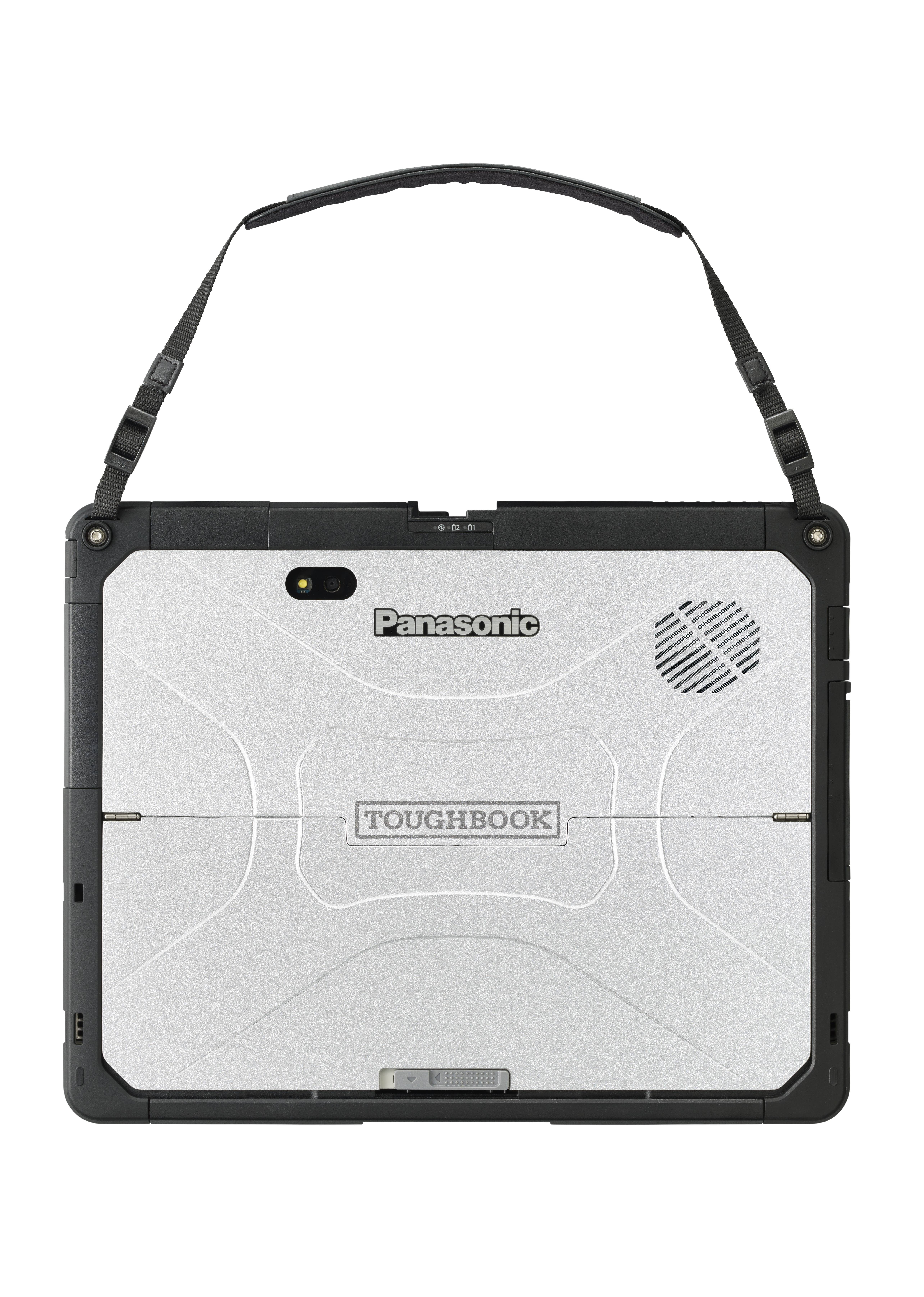 Rückansicht eines robusten Panasonic Toughbook-Tablets mit vererstärktem silbernem Panel, schwarzem Rahmen und Tragegurt.