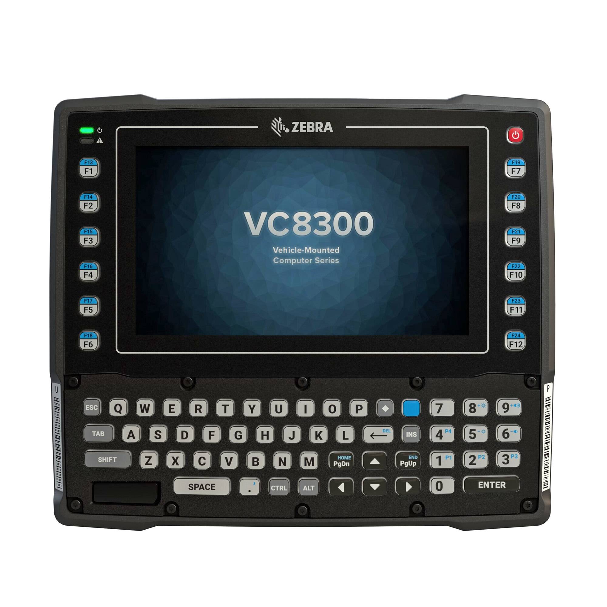 Zebra VC8300 fahrzeuggebundener Computer mit Touchscreen-Display und physischer QWERTY-Tastatur, zeigt den Startbildschirm.