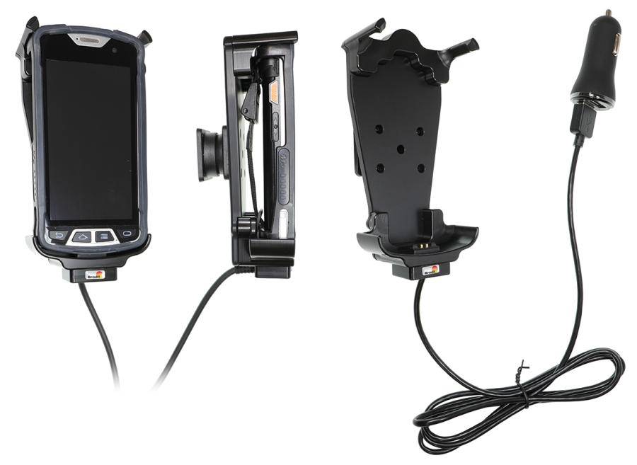 Robuste GPS-Gerätehalterung, abgebildet von vorne, von der Seite und von hinten mit Stromkabel und Kfz-Ladegerätestecker.