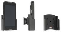 Smartphone-Halterung in Schwarz, gezeigt von vorne, von der Seite und von hinten, mit verstellbarer Halterung und Telefongriff.