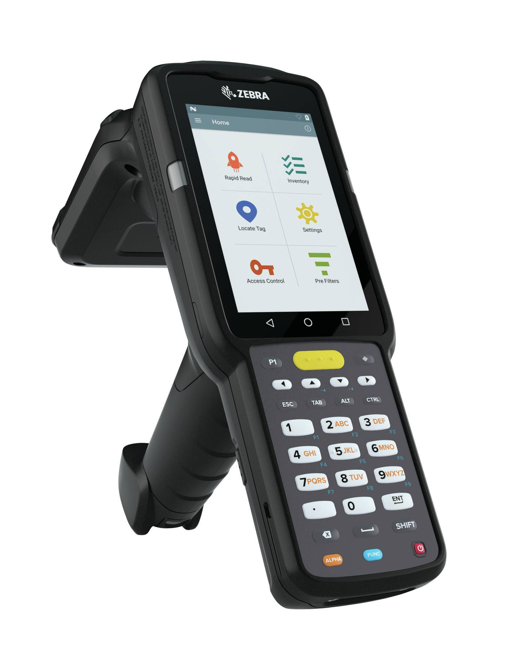 Tragbarer Zebra-Barcodescanner und mobiler Computer mit Touchscreen-App-Menü und physischer Tastatur auf einem Ständer mit Wiege.
