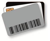 Zwei sich überlappende Kreditkarten, eine grau mit einem Barcode und eine teilweise sichtbare schwarze Chipkarte.