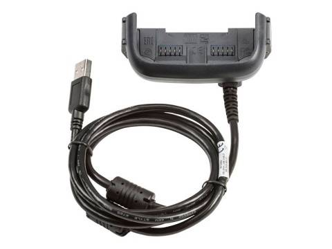 USB-Kabel mit einer großen proprietären Ladeschale, aufgerollt auf weißem Hintergrund dargestellt.