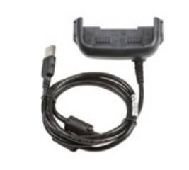 Schwarze tragbare Barcode-Scanner-Wiege mit angeschlossenem USB-Kabel auf weißem Hintergrund.