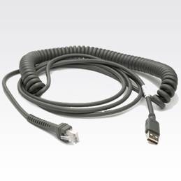 Aufgerolltes graues USB-Kabel mit einem Ethernet-Stecker auf einer Seite und einem USB-A-Stecker auf der anderen Seite.