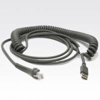 Aufgerolltes graues USB-Kabel mit USB-A-Stecker und kleinerem modularem Anschluss auf weißem Hintergrund.