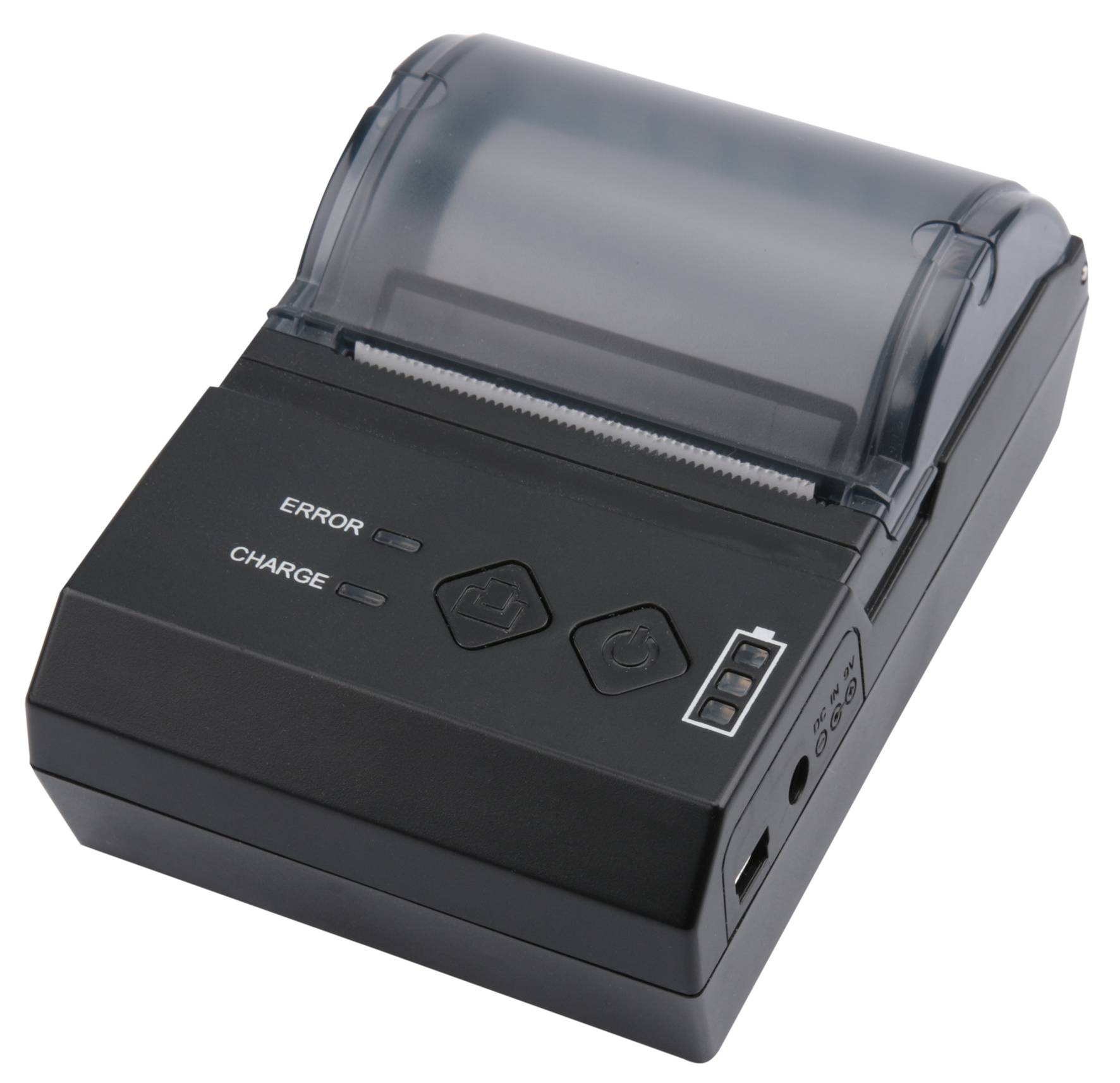Tragbarer Thermobeleg-Drucker mit transparenter Papierabdeckung, beschrifteten Fehler- und Ladeanzeigeleuchten sowie Papiervorschub-/Steuertasten.