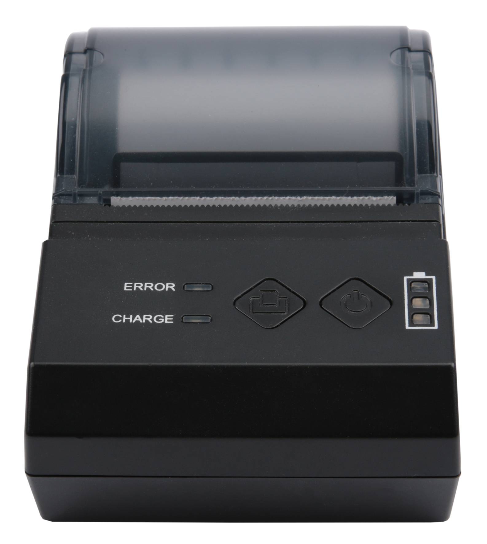 Kompakter Thermodrucker für Quittungen mit durchscheinendem Papierdeckel, Fehler- und Ladeanzeigeleuchten sowie Steuertasten auf der Vorderseite.