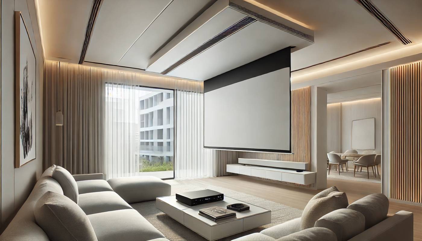 Modernes Wohnzimmer mit großem Projektionswandschirm, Ecksofa, Couchtisch und raumhohen Fenstern mit Blick auf ein Stadtgebäude.