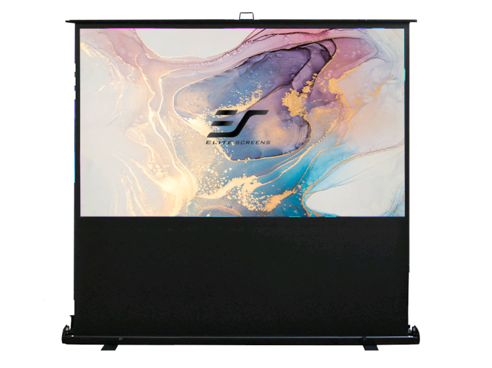 Ein einziehbarer Projektorleinwand, die einen abstrakten Pastellspritzer mit dem zentral angebrachten Logo 