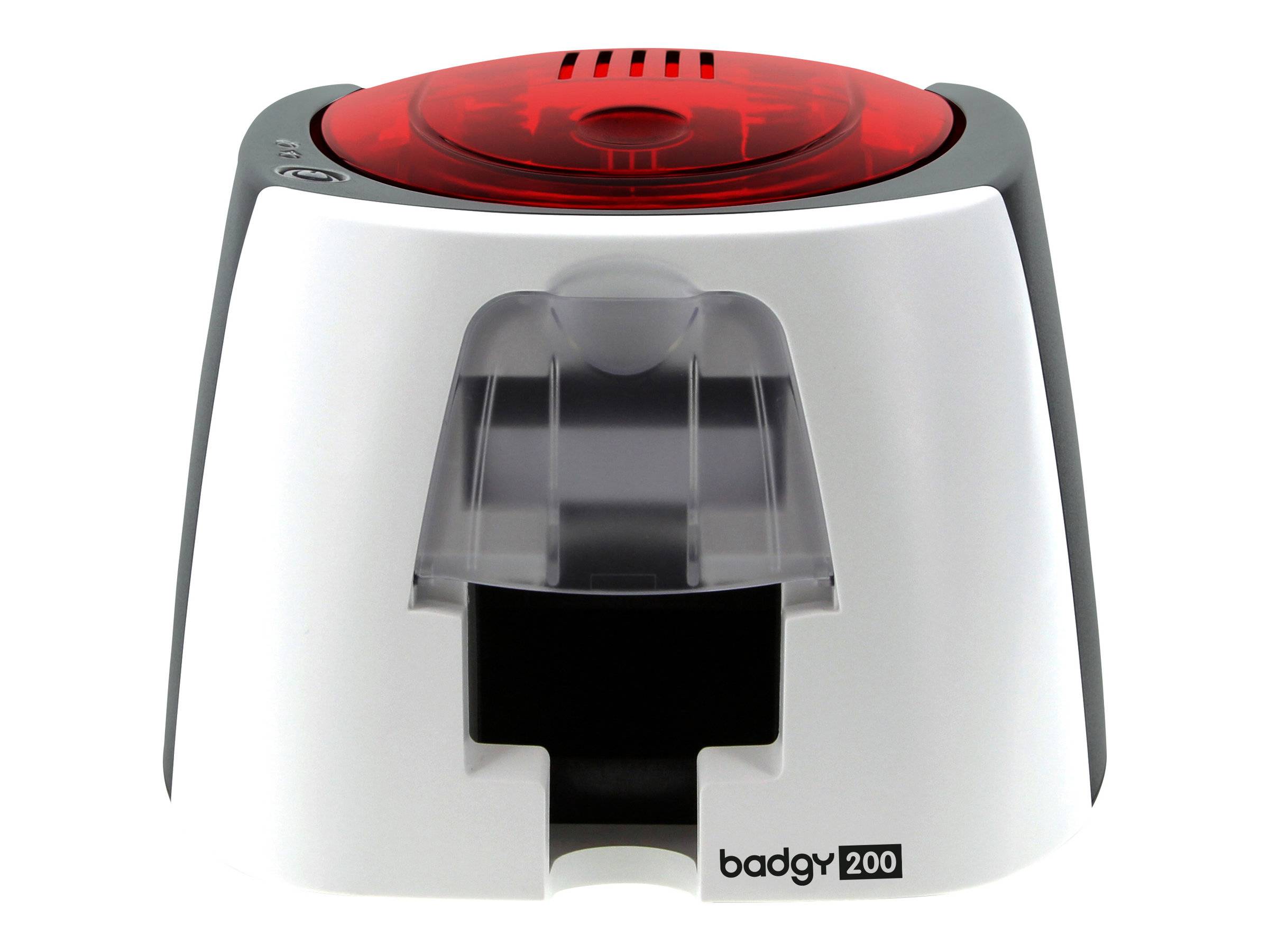 Kartendrucker oder Ausweisdrucker mit transparentem rotem Deckel und Ausgabeschacht an der Vorderseite, gekennzeichnet mit „badgy 200".