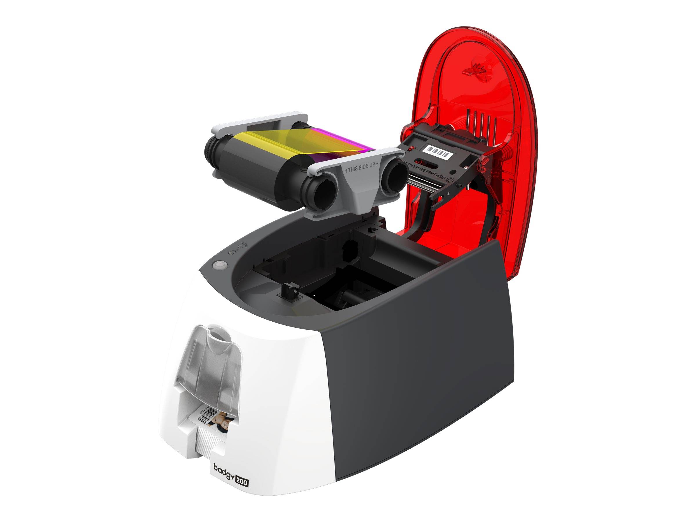 Offener kompakter Drucker mit angehobenem Deckel, der die interne Farbband-Patrone und den Druckmechanismus zeigt.