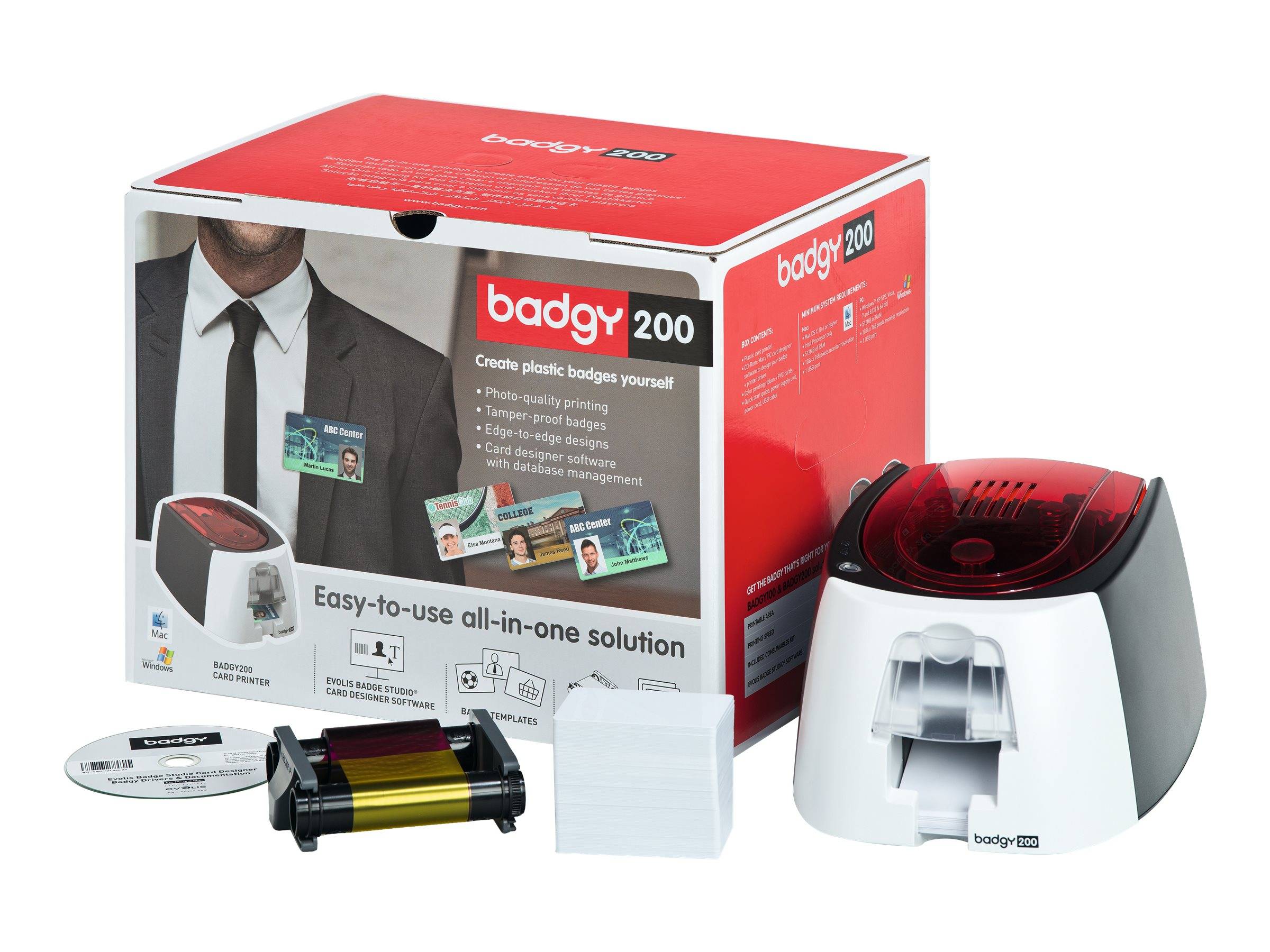 Foto eines Badgey 200-Badgedrucker-Sets mit Verpackung, Drucker, Software-CD, Farbband und leeren Badgekarten, das eine komplette All-in-One-Lösung zur Badgeerstellung zeigt.