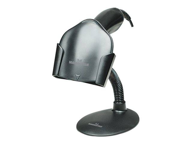 Manhattan Handheld Barcode Scanner Stand, Gooseneck with base, suitable for table mount or wall mountable, Black, Lifetime Warranty, Box