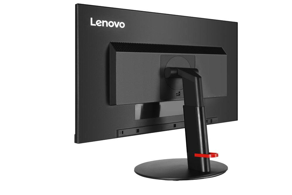 Rückansicht eines Lenovo-Computermonitors mit einem schwarzen Ständer und einem roten Akzent, der sein schlankes Design und seine verstellbare Standfunktion präsentiert.