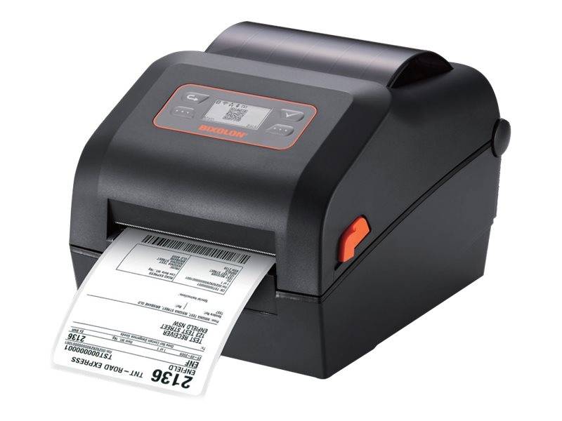 Ein Desktop-Etikettendrucker druckt ein Versandetikett aus seinem vorderen Schlitz, mit einem kleinen Bedienfeld oben.