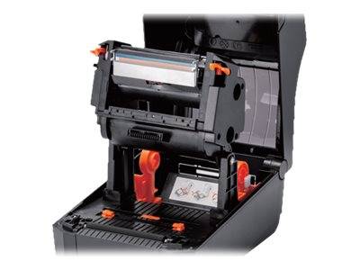 Offener Thermaldrucker mit eingelegter Etikettenrolle, zeigt den Druckmechanismus und innere Komponenten.