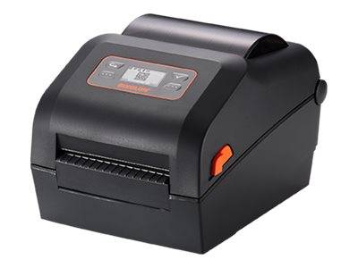 Schwarzer Desktop-Etikettendrucker mit vorderer Papierzuführung und oberem Bedienfeld