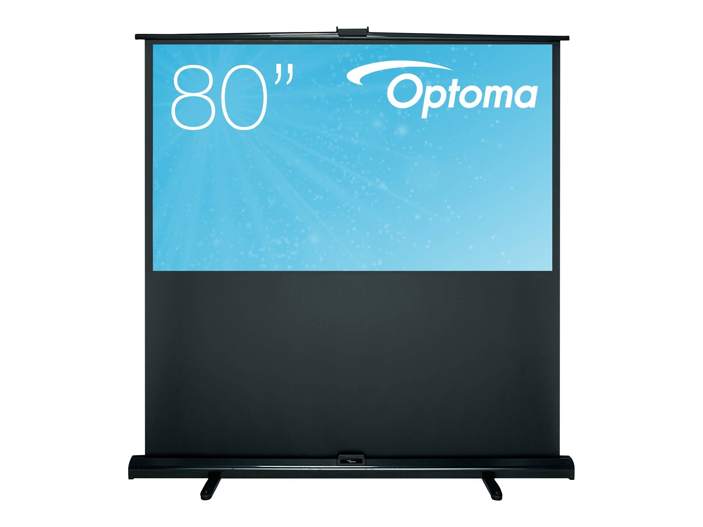 Tragbarer Optoma-Projektionsbildschirm mit schwarzem Fuß und Koffer, hier in 80 Zoll dargestellt.
