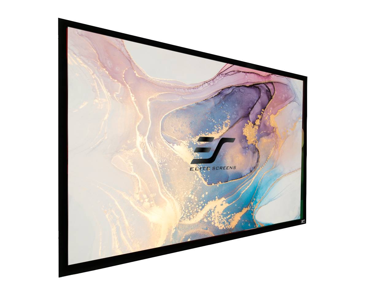 Ein großes Flachbildschirmdisplay mit einem farbenfrohen abstrakten Marmor-Hintergrund und dem zentriert positionierten Logo von 'Elite Screens' auf dem Bildschirm.