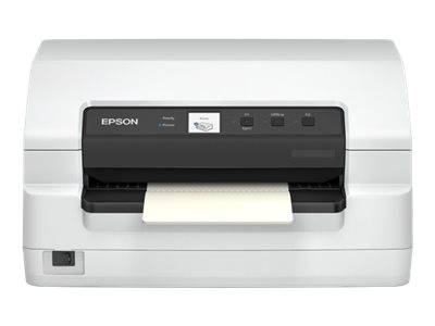 Frontansicht eines weißen Epson-Etikettdruckers mit einem teilweise aus dem vorderen Schlitz ausgegebenen gedruckten Etikett.