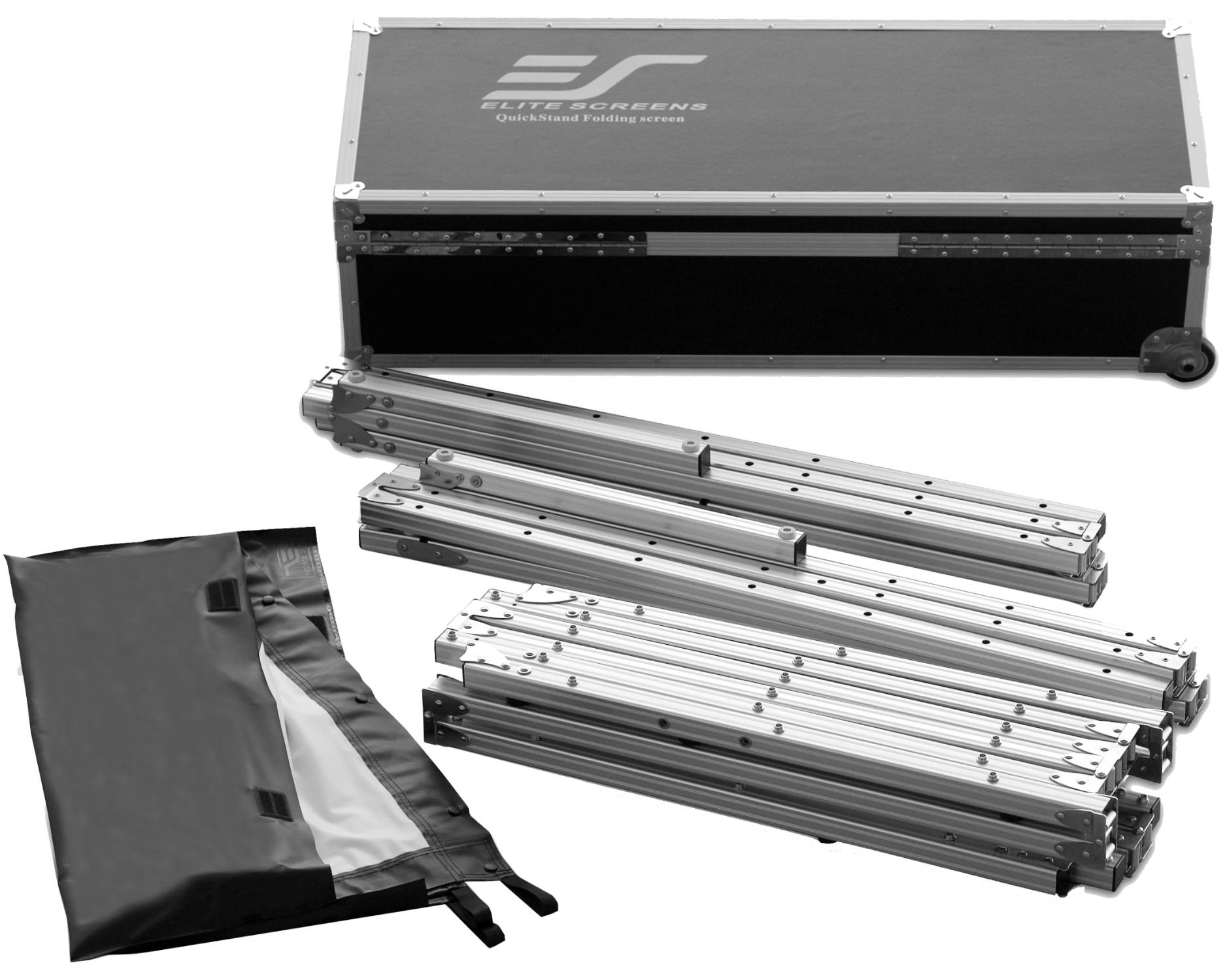 Klappbare Aluminium-Bühnentraversen und ein schwarzer Transportkoffer, teilweise in einem Flightcase verpackt gezeigt.