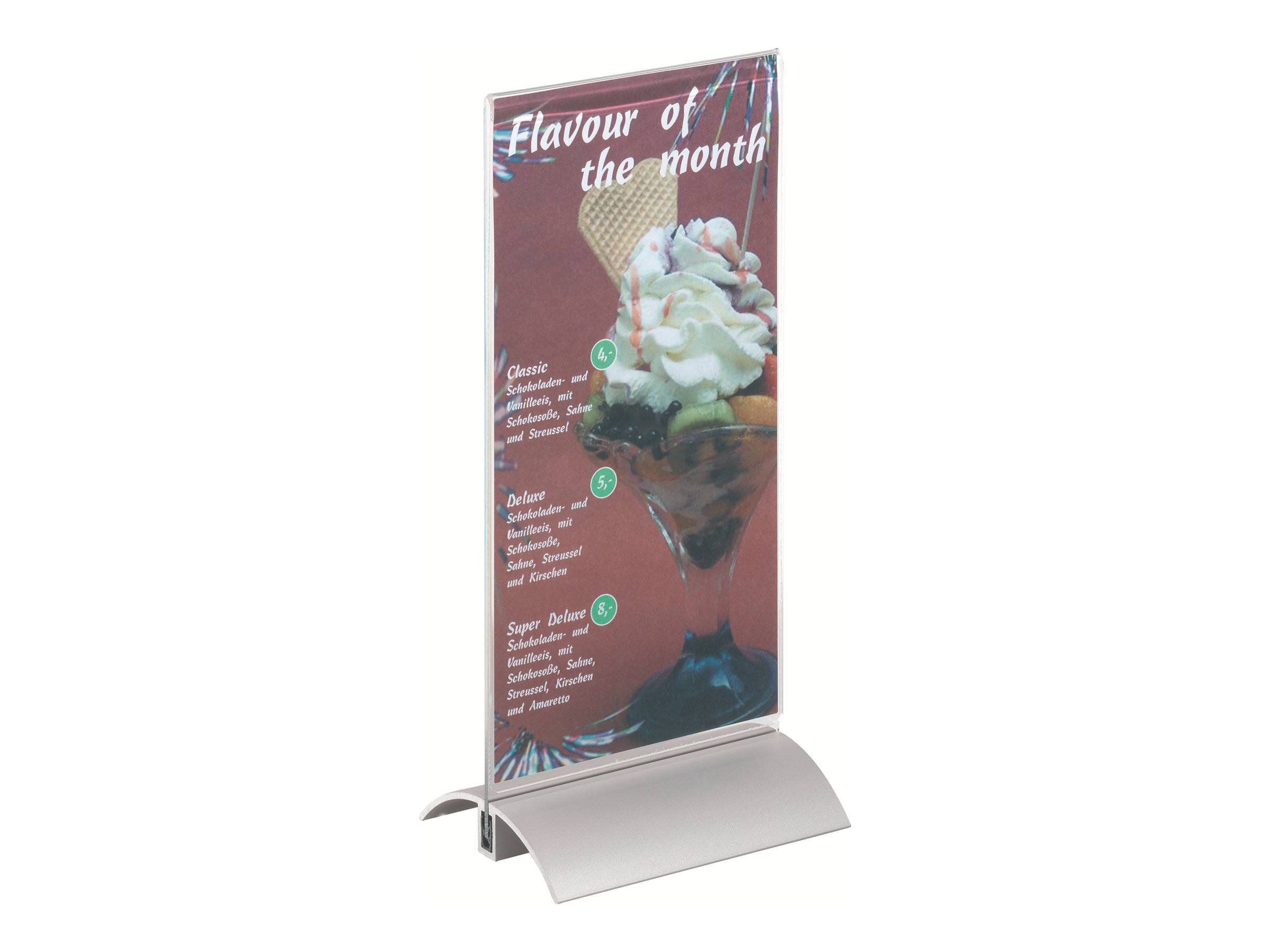 Monatseis-Spezialitäten mit drei Eissorten: Klassik, Deluxe und Super Deluxe, jeweils mit verschiedenen Toppings