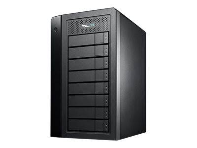 Schwarzes externes Multi-Bay-Festplattengehäuse mit acht Laufwerkschächten an der Vorderseite und einem Netzschalter oben links.