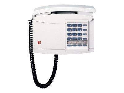 Weiß wandmontiertes schnurgebundenes Telefon mit Tastenfeld und Handset-Halterung auf neutralem Hintergrund.