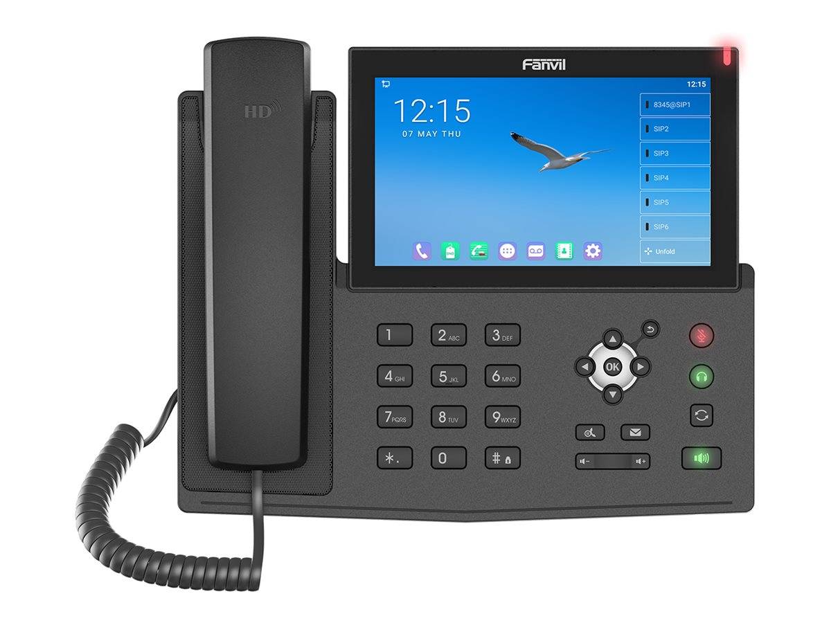 Schwarzes Fanvil-Schreibtischtelefon mit Hörer, Tastenfeld und Touchscreen-Display, das 12:15 Uhr und eine Möwentapete anzeigt.