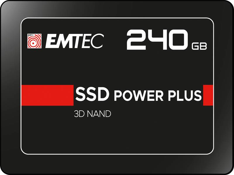 EMTEC 240 GB SSD Power Plus 3D NAND Festplattenetikett auf einer schwarzen Antriebsvorderseite.