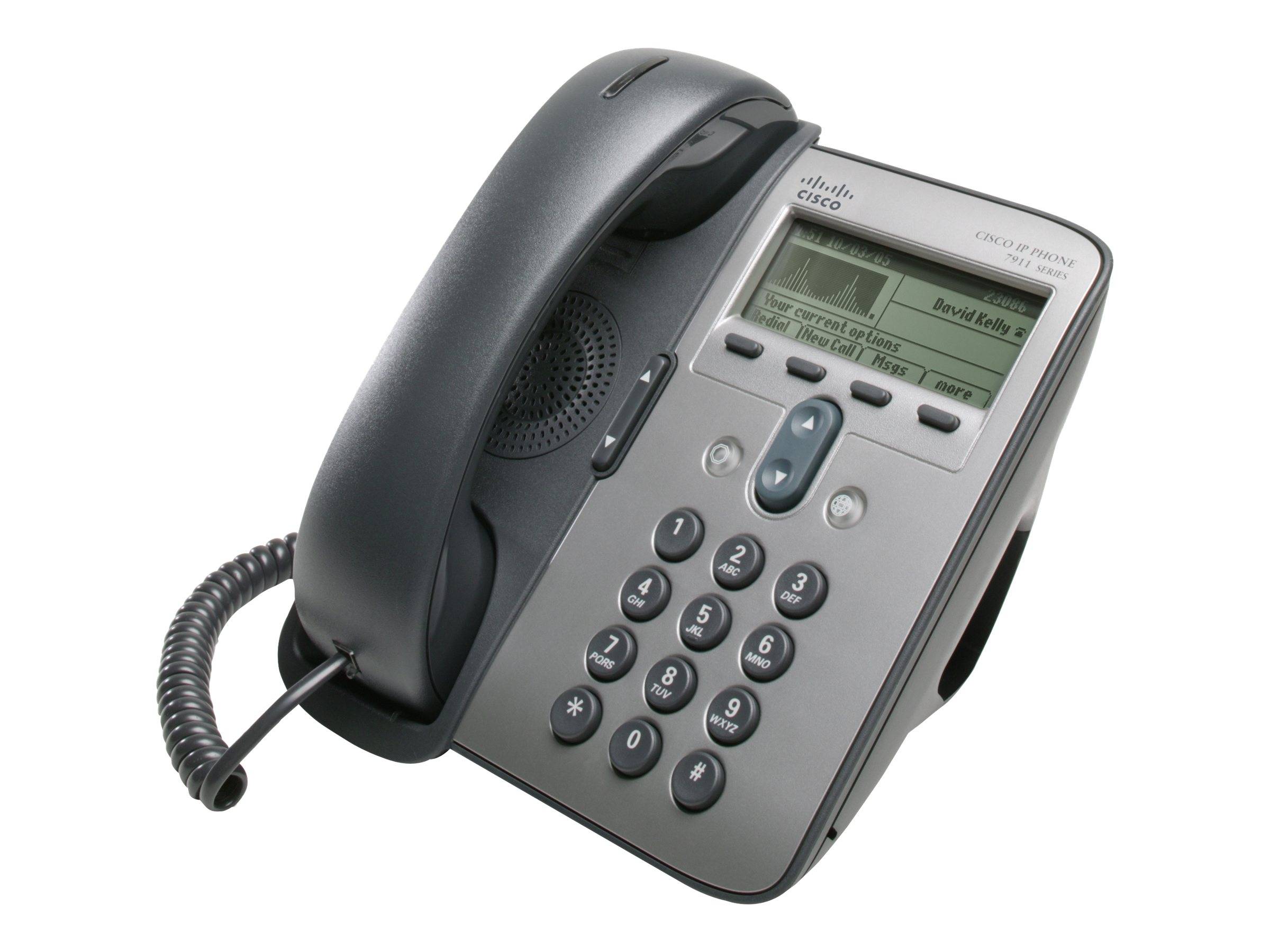 Ein schwarzes Cisco-Tischtelefon mit Hörer, Tastatur und Anzeigefenster auf weißem Hintergrund.