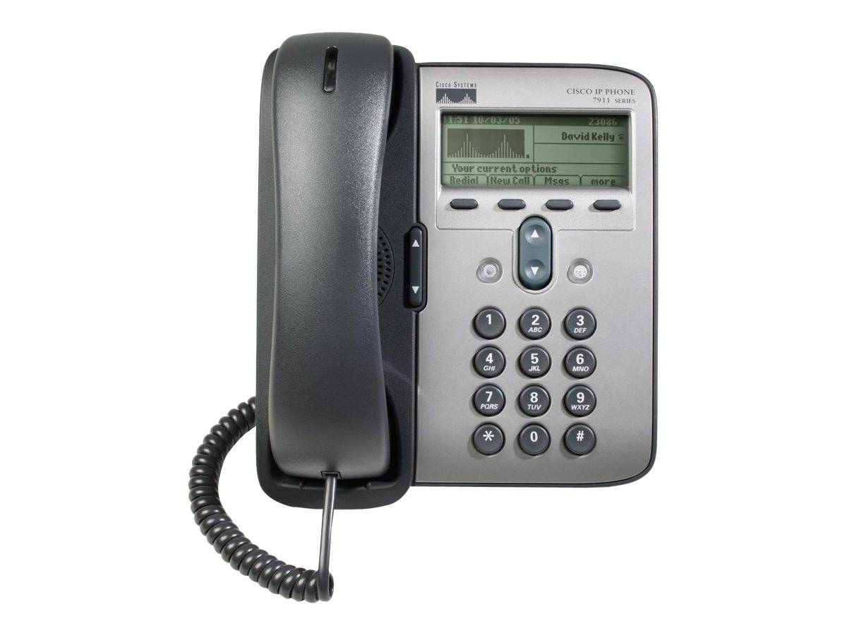 Ein graues Cisco IP-Schreibtischtelefon mit Hörer, Tastenfeld und kleinem Display, das Anrufinformationen anzeigt.