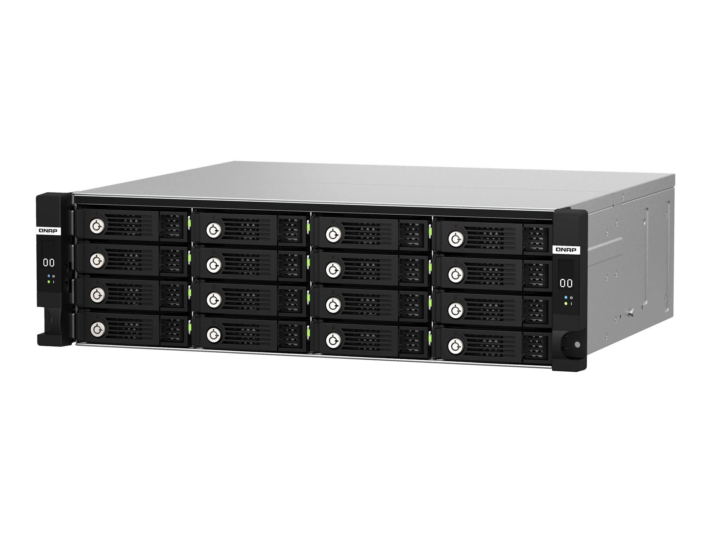 Rack-montiertes Server-/Speicher-Gerät mit mehreren Laufwerk-Schächten mit Frontzugriff und Statusleuchten, dargestellt auf weißem Hintergrund.