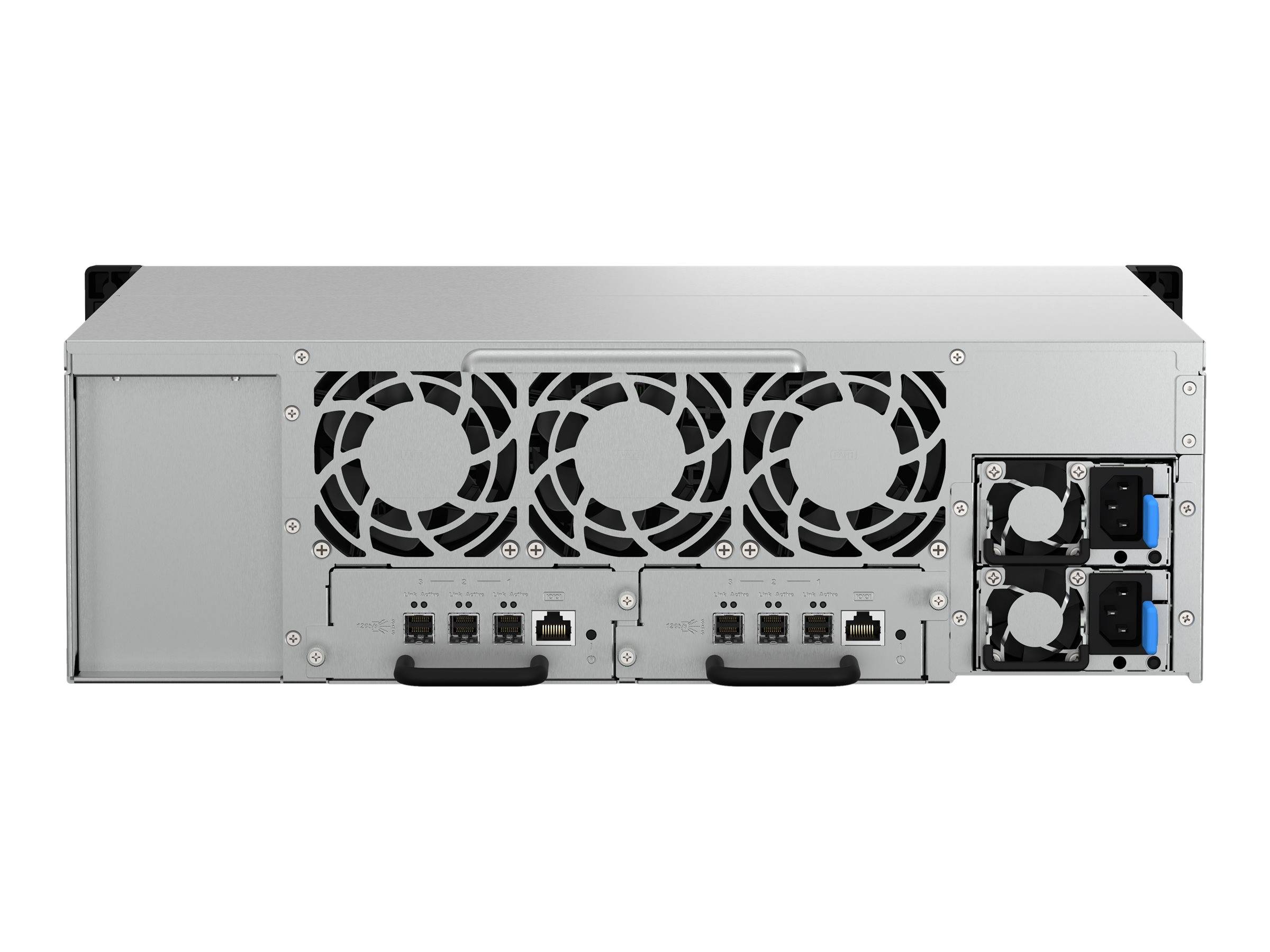 Rückansicht eines Rack-Mount-Server-Gehäuses mit drei großen Kühlungslüftern, mehreren Netzwerkports und dualen austauschbaren Stromversorgungen.