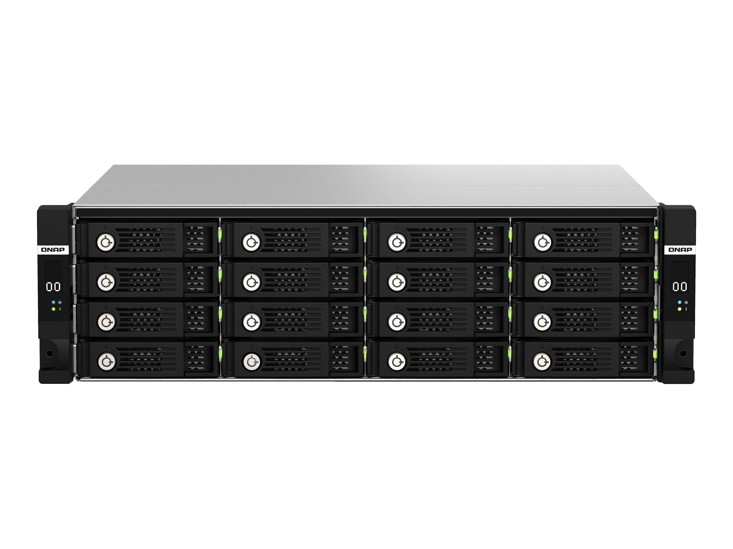 Frontansicht eines Rack-Mount-Speicherservers mit 16 Hot-Swap-Laufwerkschächten in vier Spalten, gezeigt auf weißem Hintergrund.