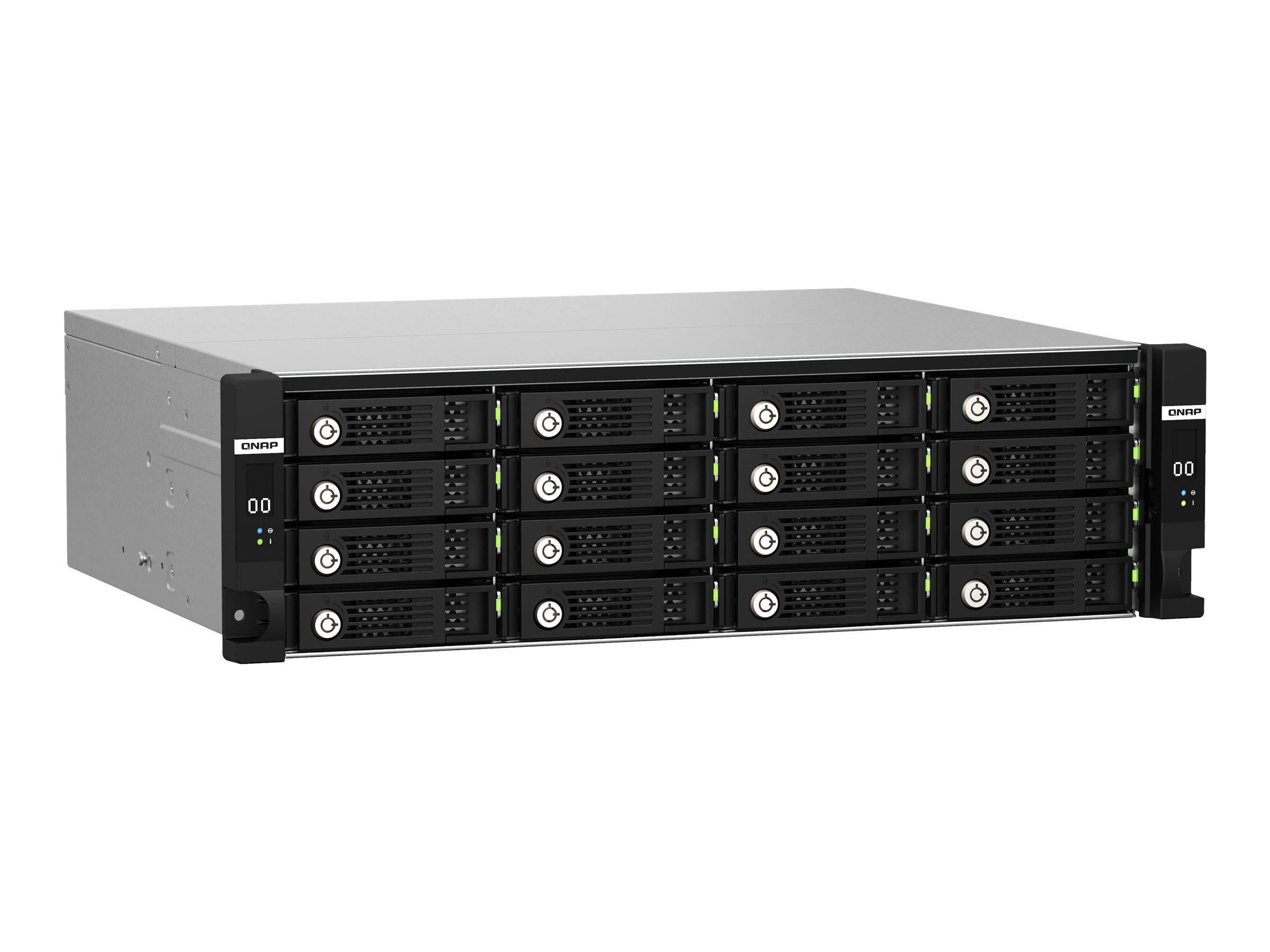 Frontansicht eines schwarzen Rack-Mount-Speicherservers mit mehreren Hot-Swap-Laufwerkschächten und Statusanzeigen auf weißem Hintergrund.