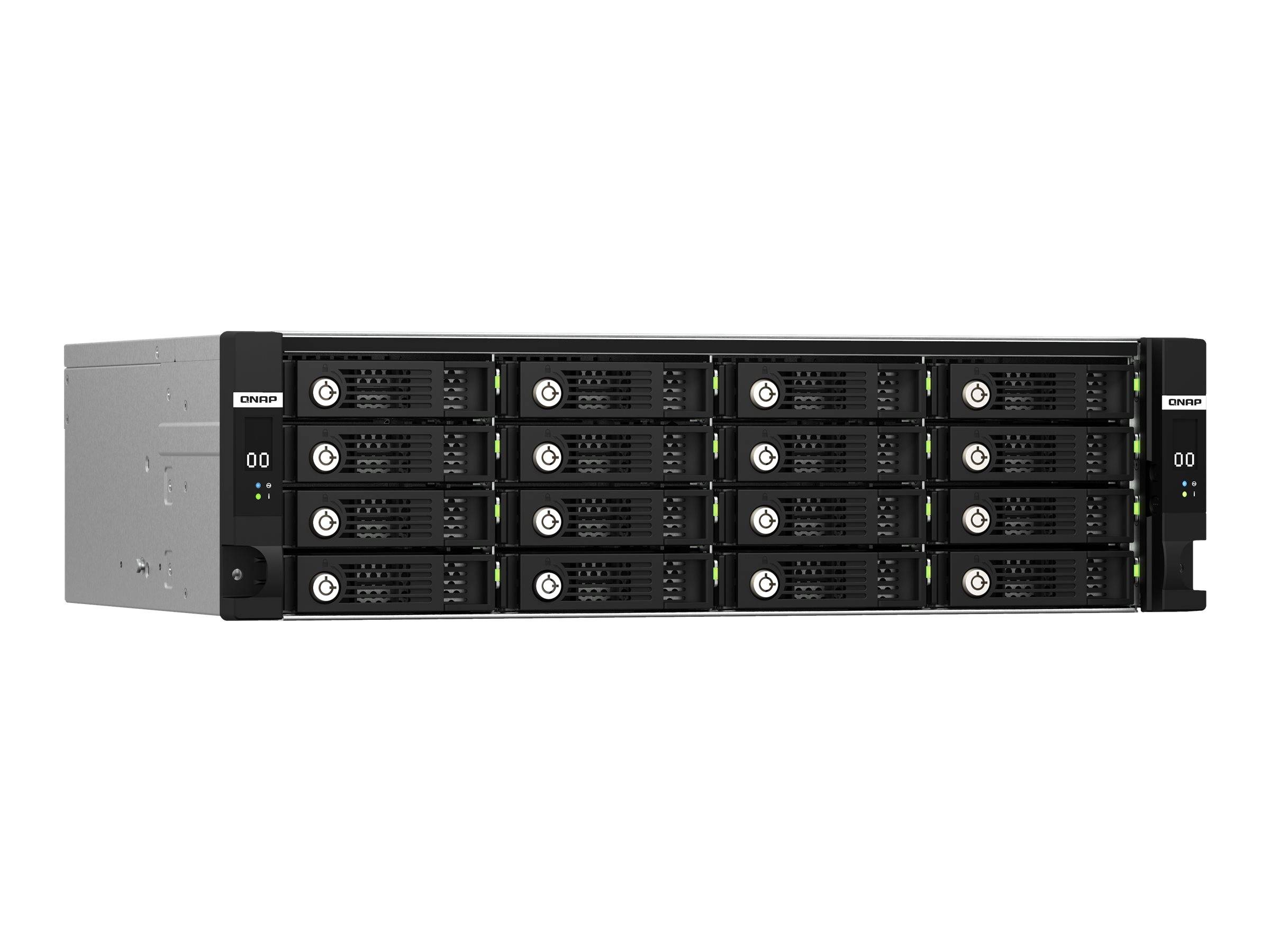 Ein rack-montierter Speicherserver mit mehreren Hot-Swap-Festplattenschächten in einem schwarzen Gehäuse, Vorderansicht auf weißem Hintergrund gezeigt.