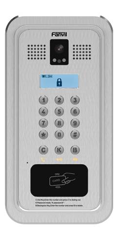 Fanvil Türsprechanlage mit Kamera, Tastatur, Schlossdisplay und Kartenleser zur Zutrittskontrolle für Gebäude.