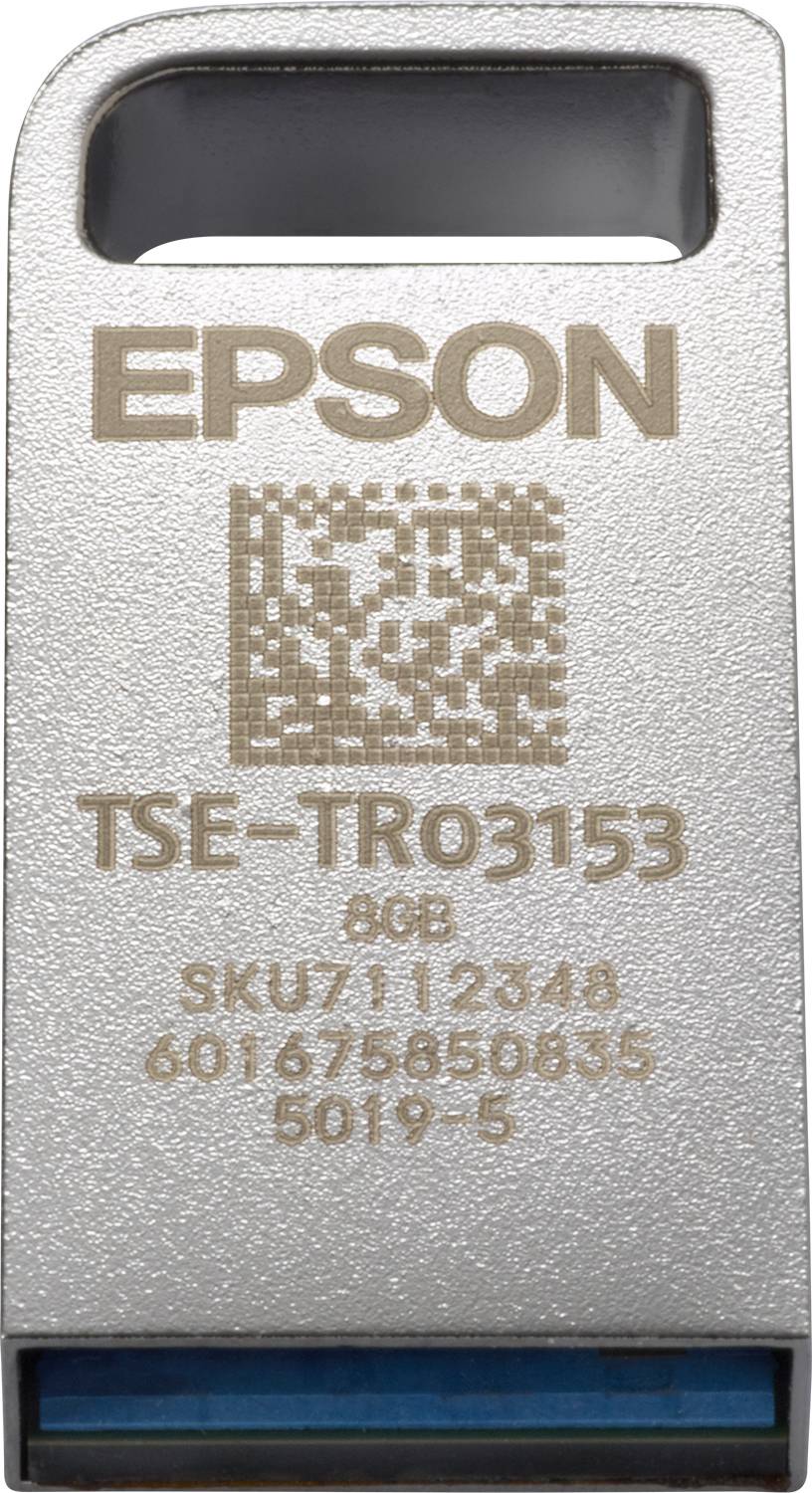 Nahaufnahme eines silbernen Epson-Sicherheitssiegels/Tags mit der Aufschrift 