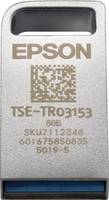 Silberner Epson-Sicherheits-Dongle mit der Bezeichnung „EPSON", „TSE-TR03153"", mit einem QR-Code und kleinen Seriennummern darunter.