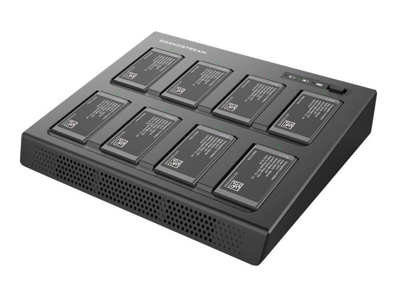 Schwarzes rechteckiges Lade-/Lagersystem mit Platz für acht kleine, gekennzeichnete Batteriepakete, mit Anzeigelichtern und einem Stromschalter oben.