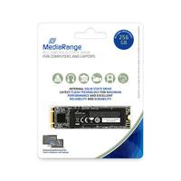 Verpackung für eine MediaRange 256 GB interne NVMe SSD mit Abbildung des Laufwerks und Produktmarketing.