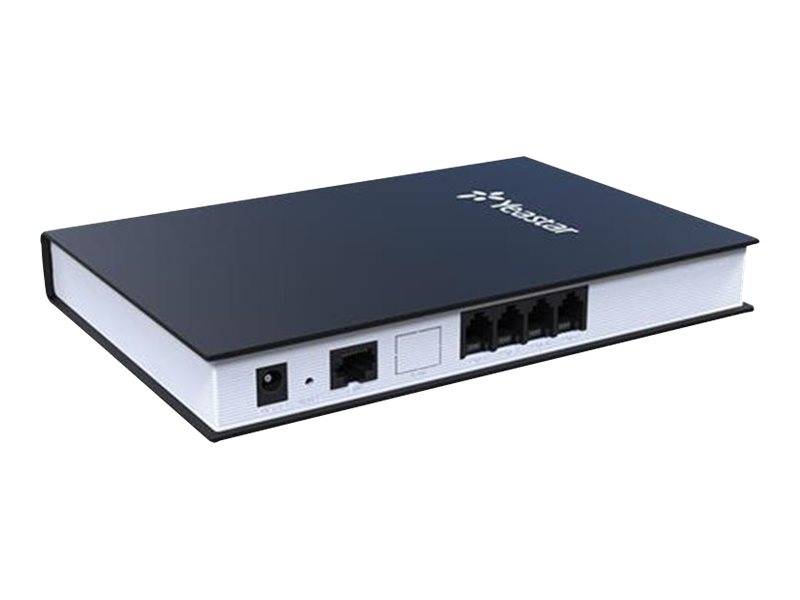 Ein blaues Hager-Netzwerkgerätchen mit Stromversorgrungs- und Ethernet-Anschlüssen auf weißem Hintergrund dargestellt.