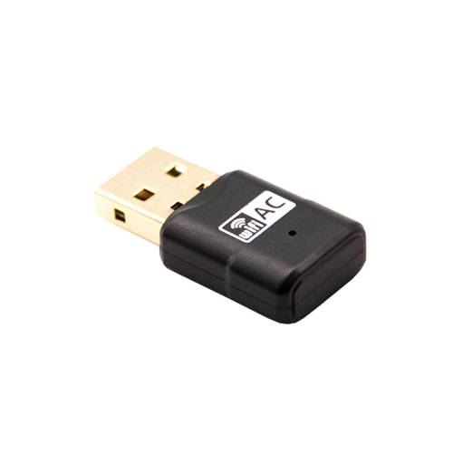 Schwarzer USB-Wi-Fi-Adapter-Dongle mit vergoldetem USB-Stecker auf weißem Hintergrund.