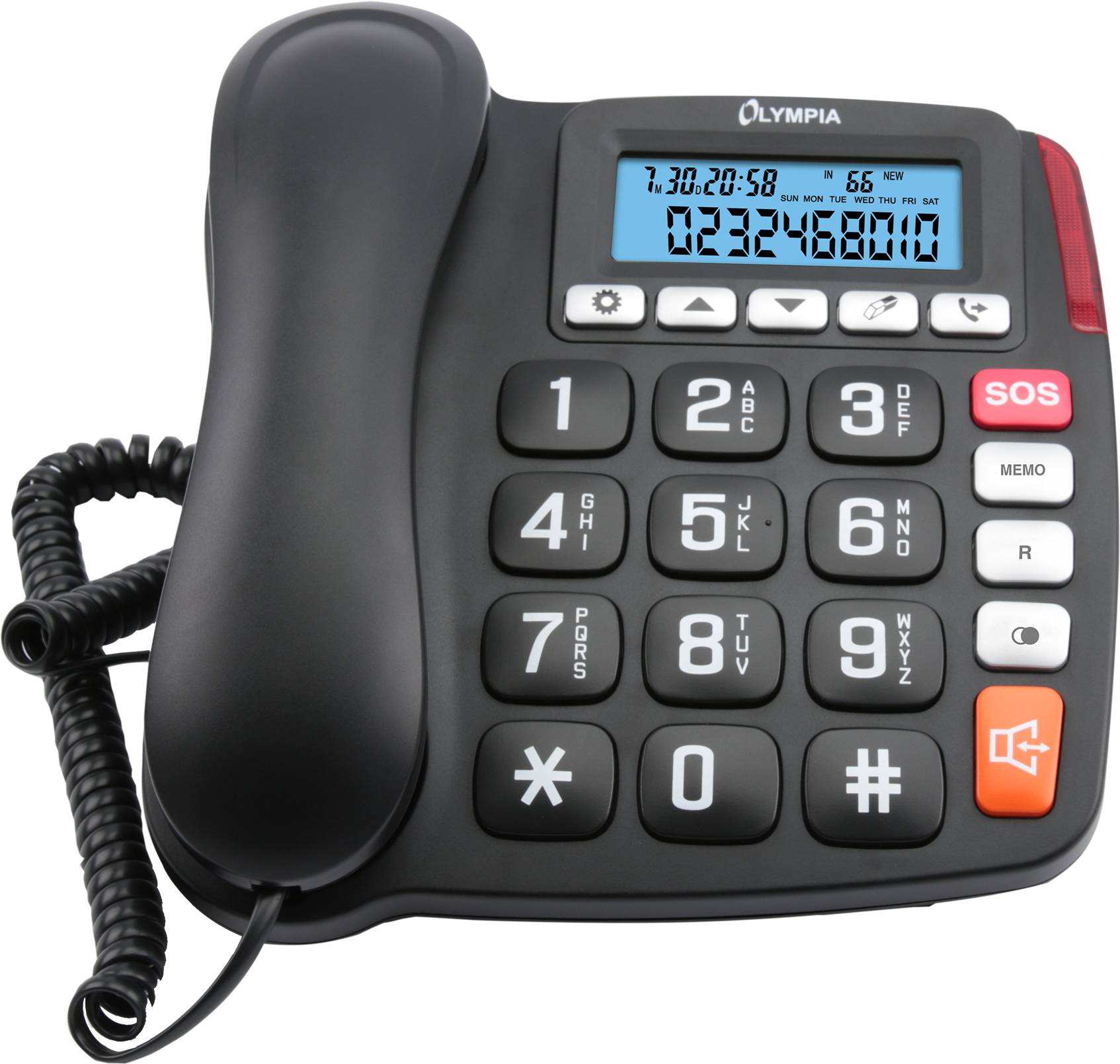 Schwarzes schnurgebundenes Festnetztelefon mit großen Tasten, blauem Display, SOS- und Freisprechfunktionen.