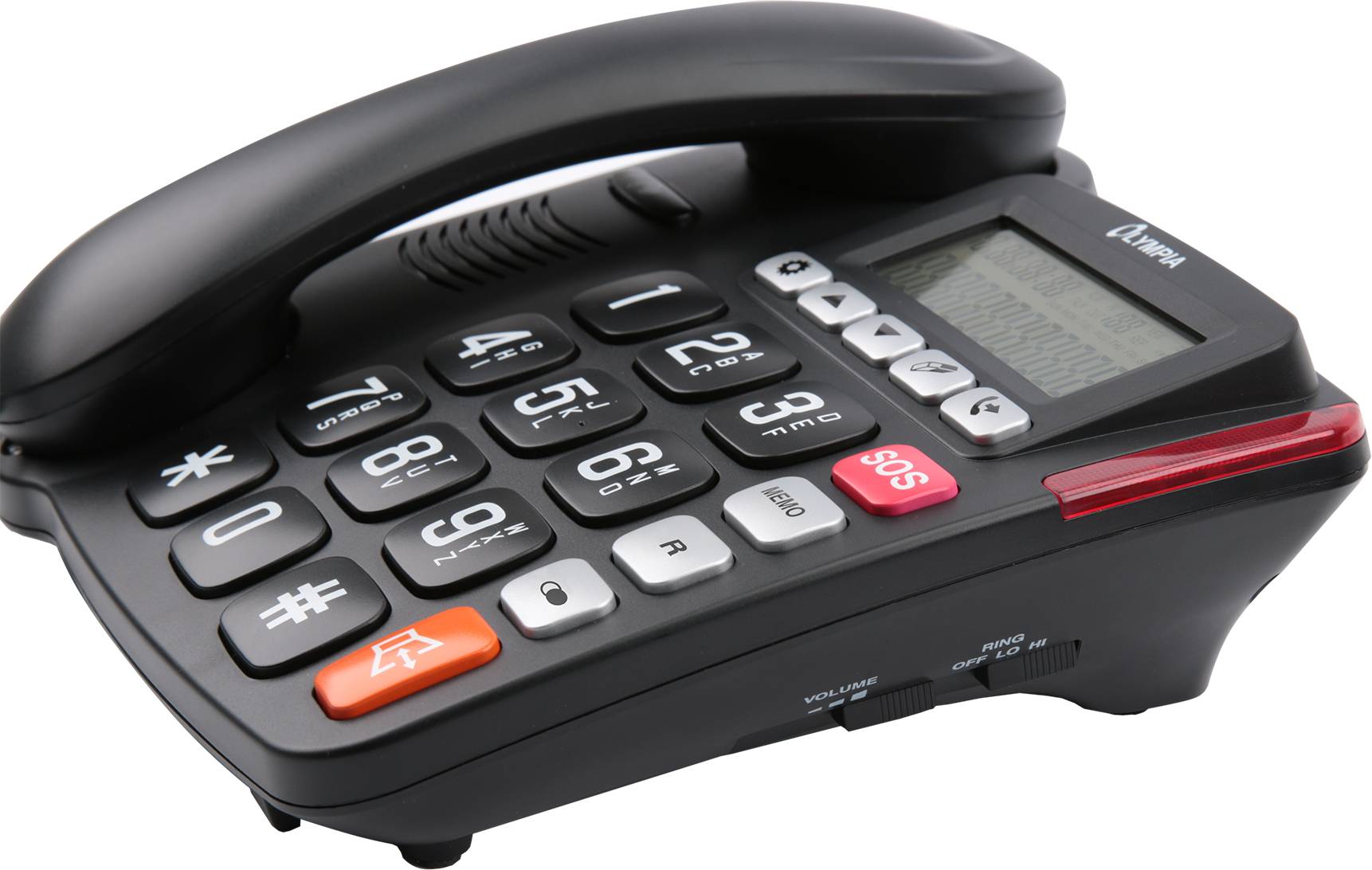 Schwarzes Schnurtelefon mit großen Tasten, kleinem Display und SOS-Taste, gezeigt auf weißem Hintergrund.