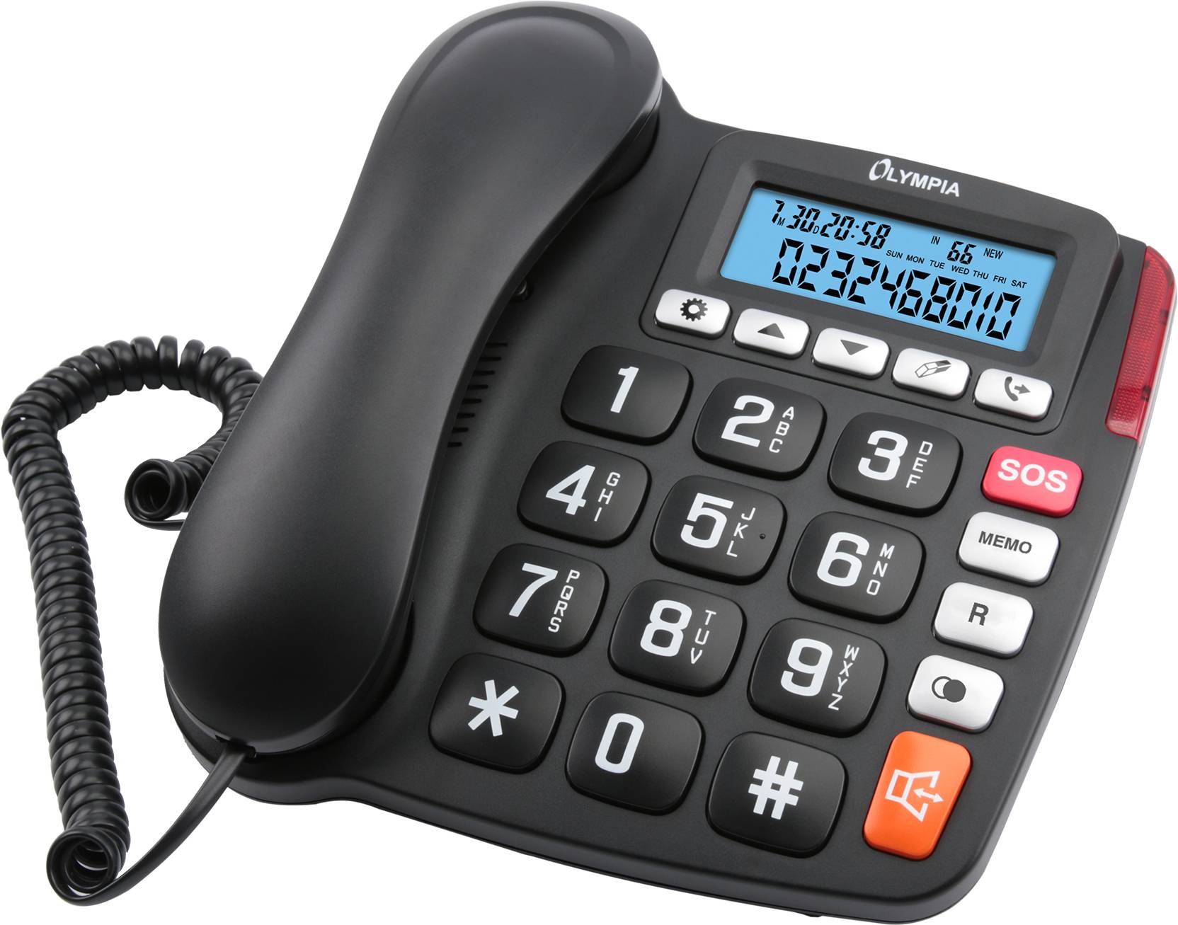 Schwarzes schnurloses Olympia-Festnetztelefon mit großen Tasten, Display, SOS-Taste und Hörer auf der Basis ruhend