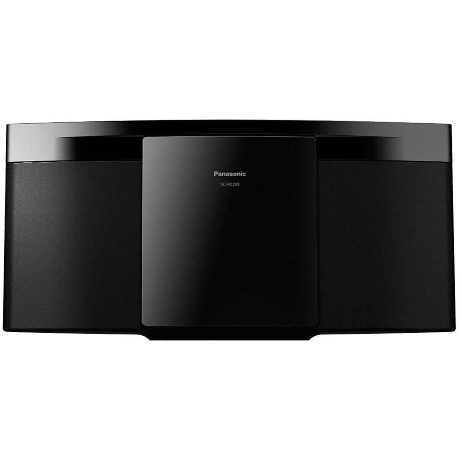 Schwarzes kompaktes Stereosystem von Panasonic mit zentraler Kontrolle und zwei Lautsprechern auf weißem Hintergrund.